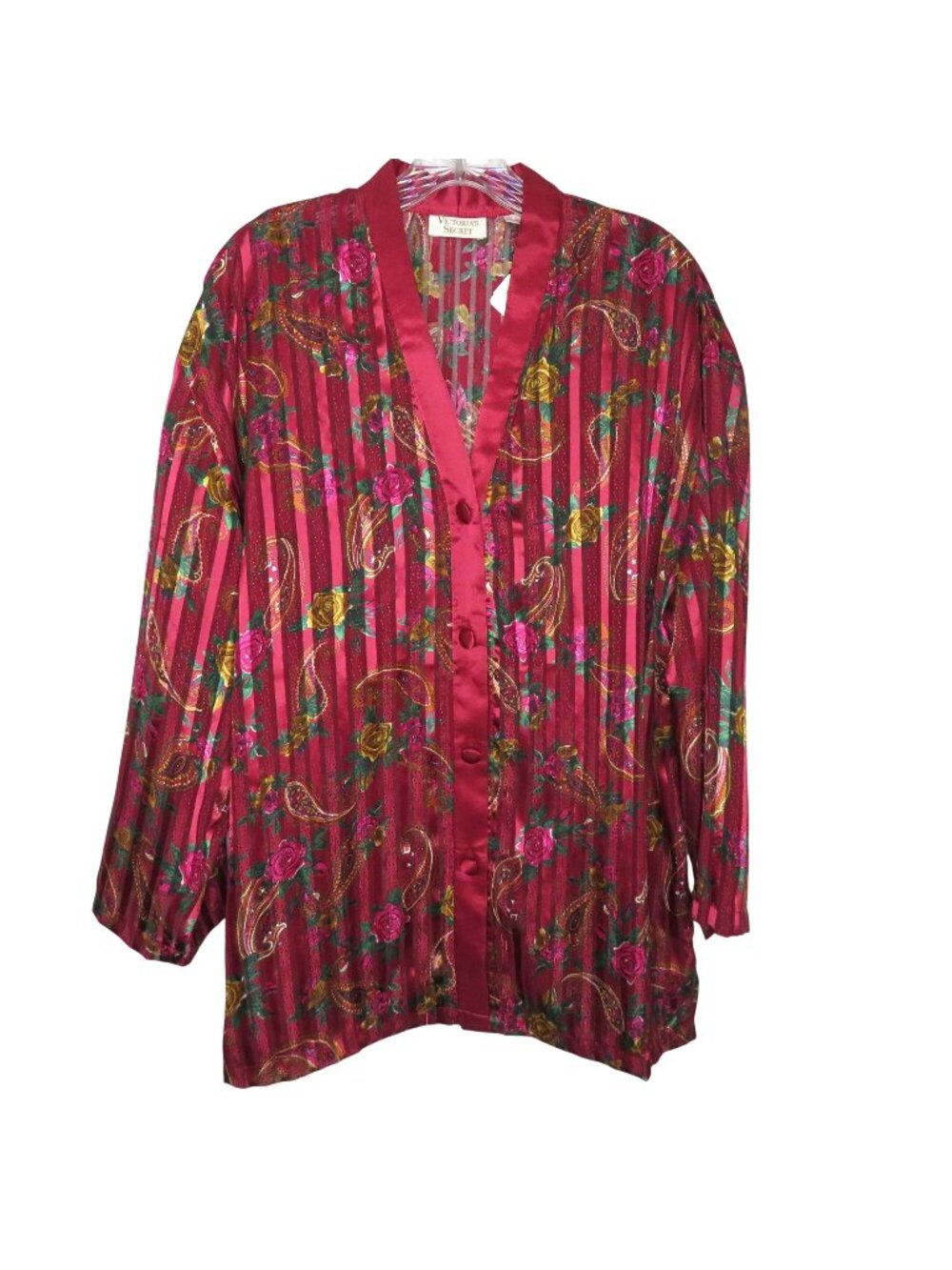 Vintage Victorias Secret Floral Satin Button-Up Sleep Shirt L Red Paisley Roses